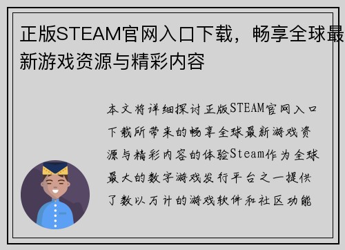 正版STEAM官网入口下载，畅享全球最新游戏资源与精彩内容